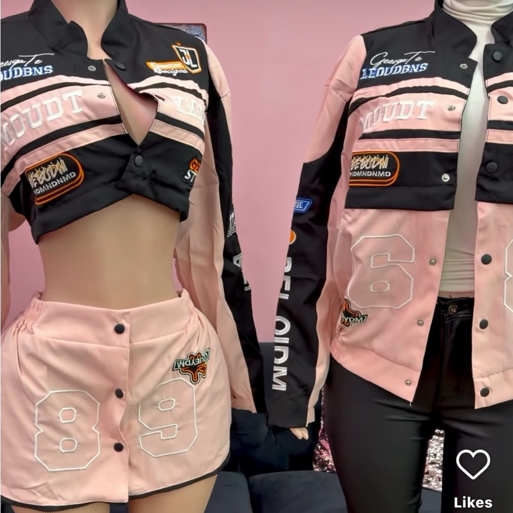 Pink and Black Patchwork Jacket and Skirt Set